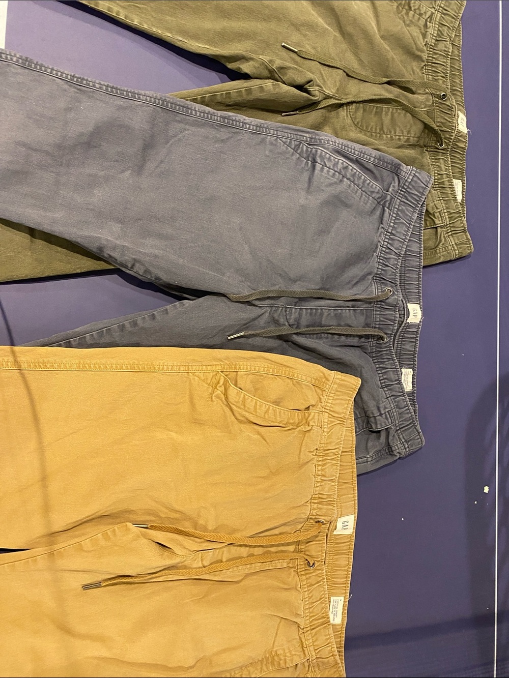 GAP Relaxed Drawstring Jeans in Blue, Olive, and Tan